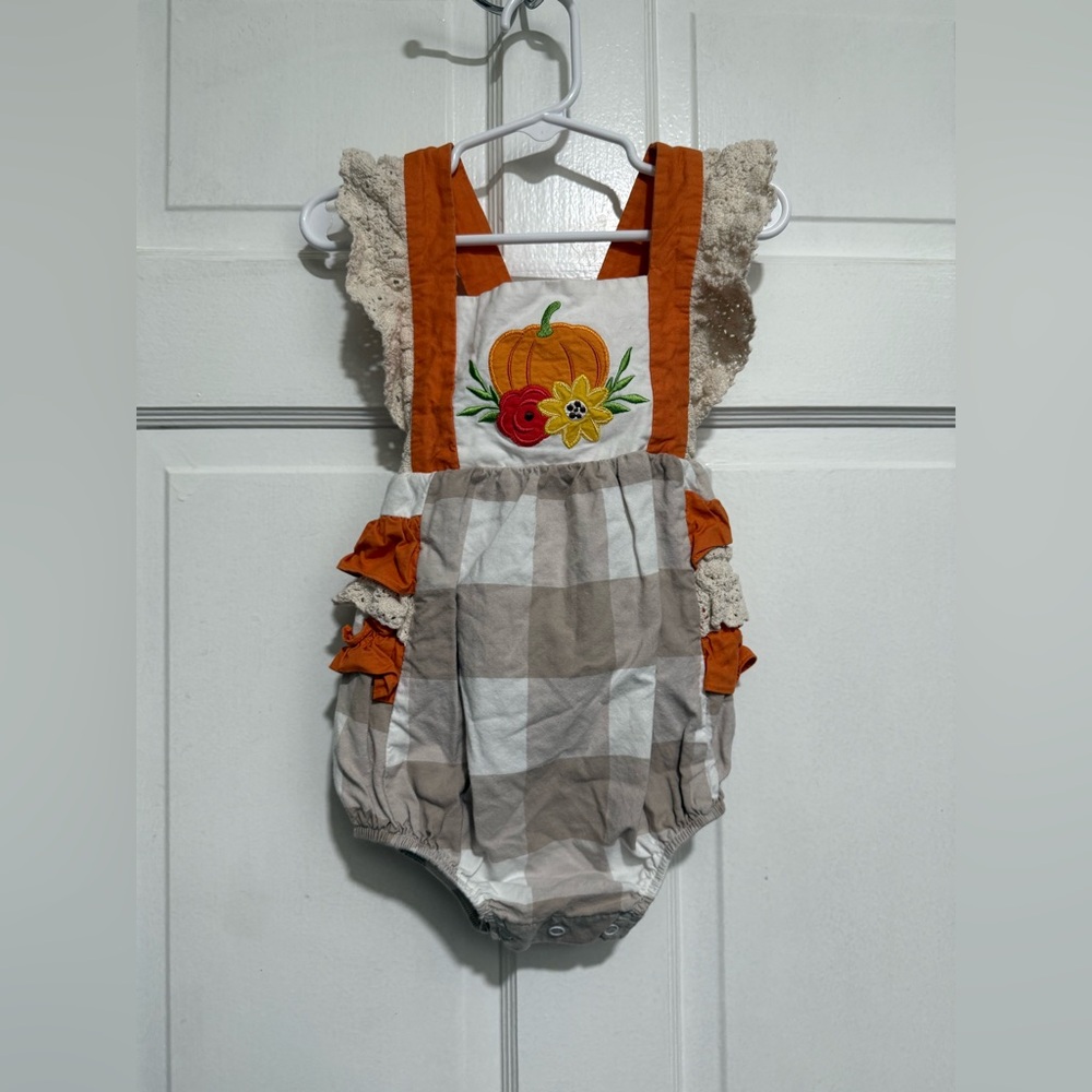 Fall 24M 2T Girls Ruffle Lace Plaid Pumpkin Outfit Bubble One Piece